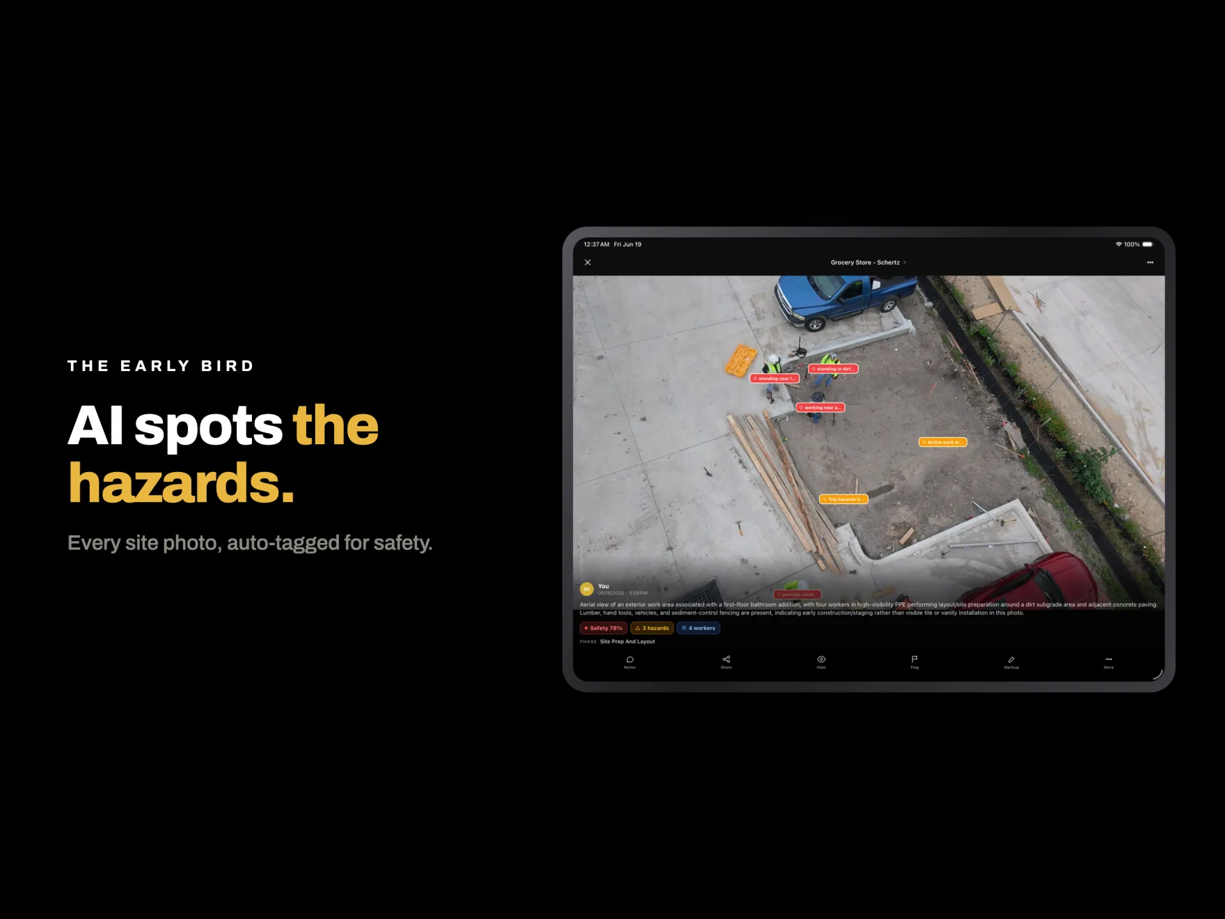 AI hazard detection on a jobsite photo, shown on tablet